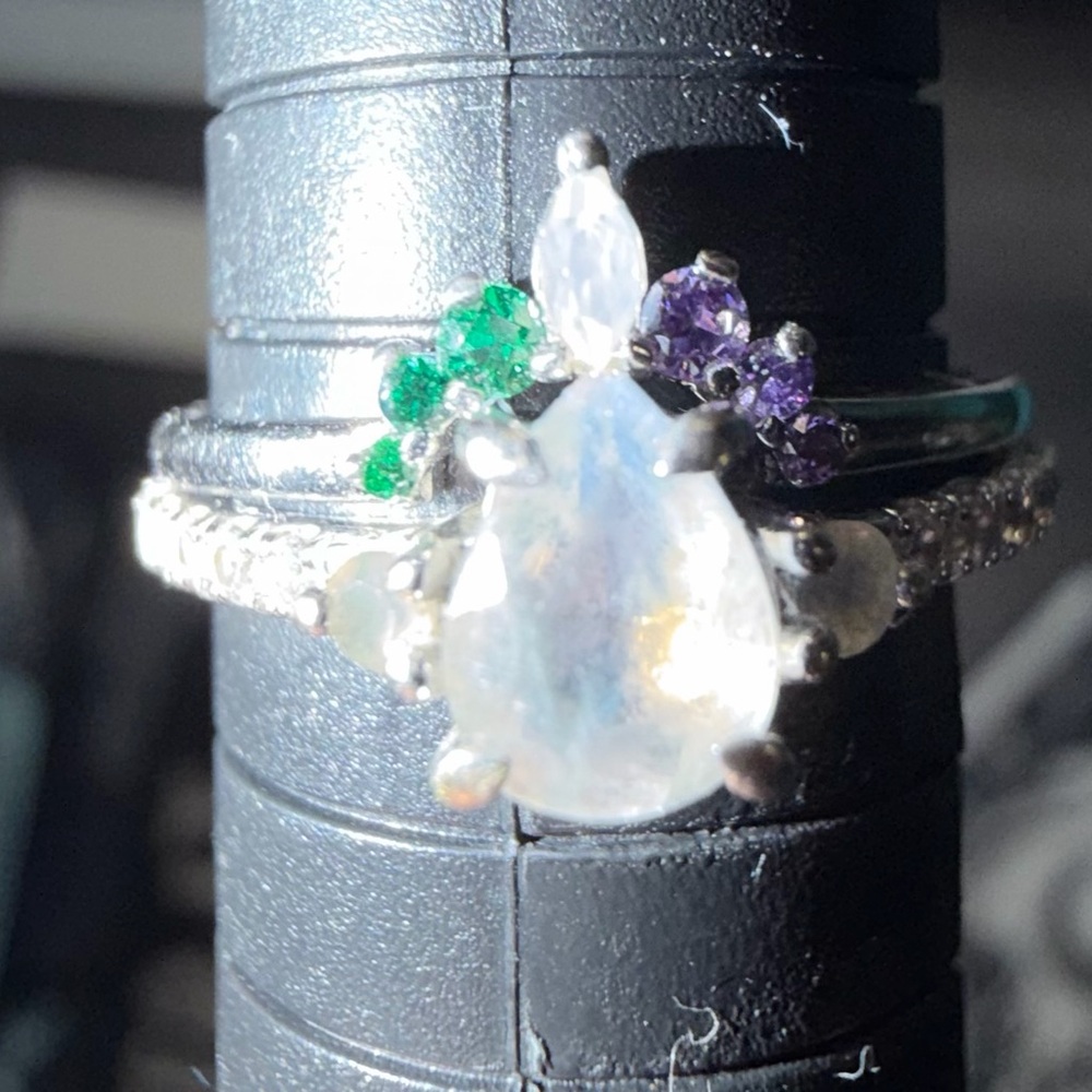 Moonstone pear engagement ring and wedding band featuring Emeralds & Amethysts - Picture 4 of 7